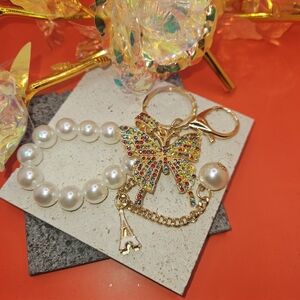 Pearl Bracelet & Butterfly Keychain Bag Charm Purse Charm